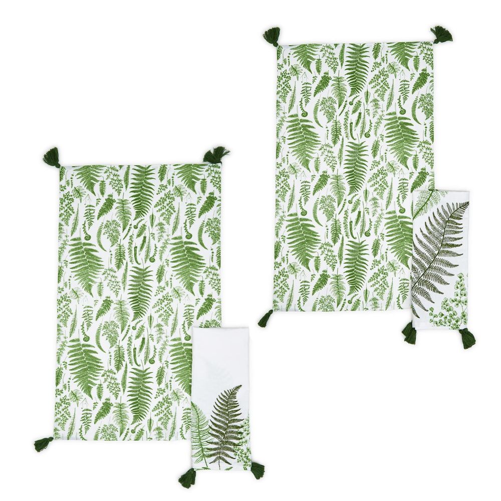 Two's Company Fanciful Fern Dish Towel w/ Tassels, Assortment Of 2, Green/White