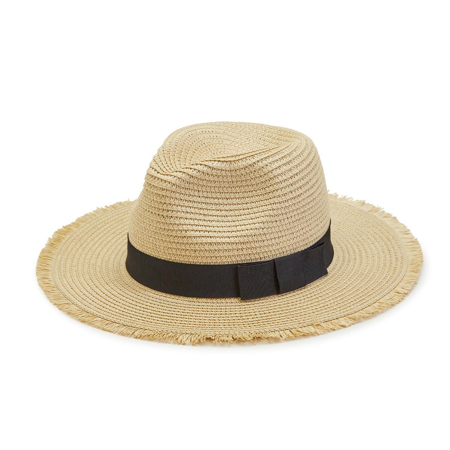 Two's Company Frayed Straw Hat with Black Grosgrain Ribbon