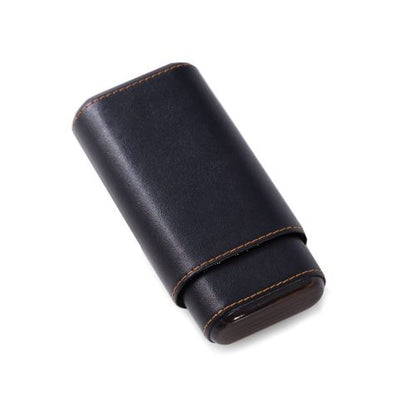 Black Leather With "Ebony" Wood Telescoping 3 Cigar Holder