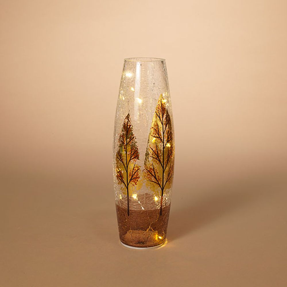 Gerson Company 11.8" B/O Lighted Autumn Tree Design Crackle Glass Vase