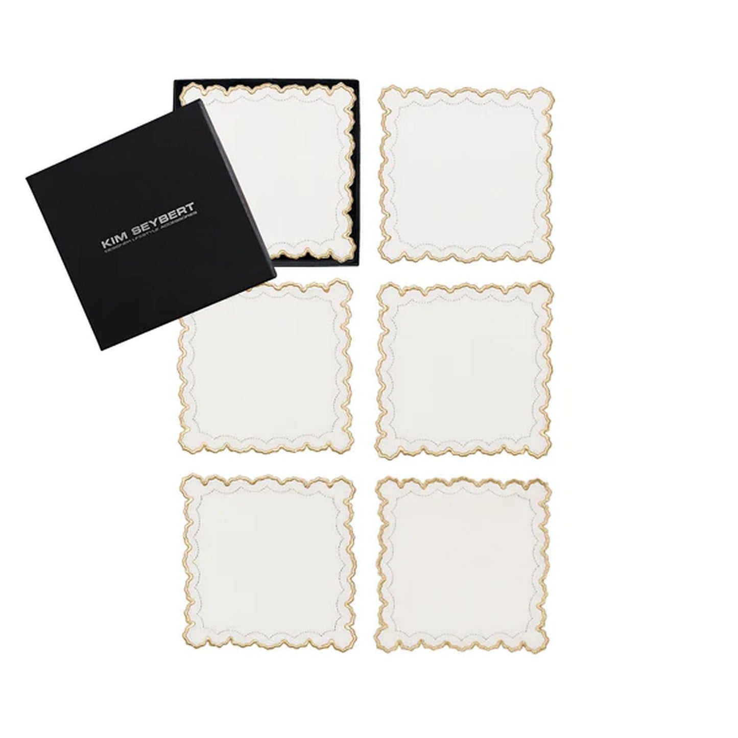 Kim Seybert Arches Cocktail Napkins in White, Gold & Silver, S/6  in Gift Box