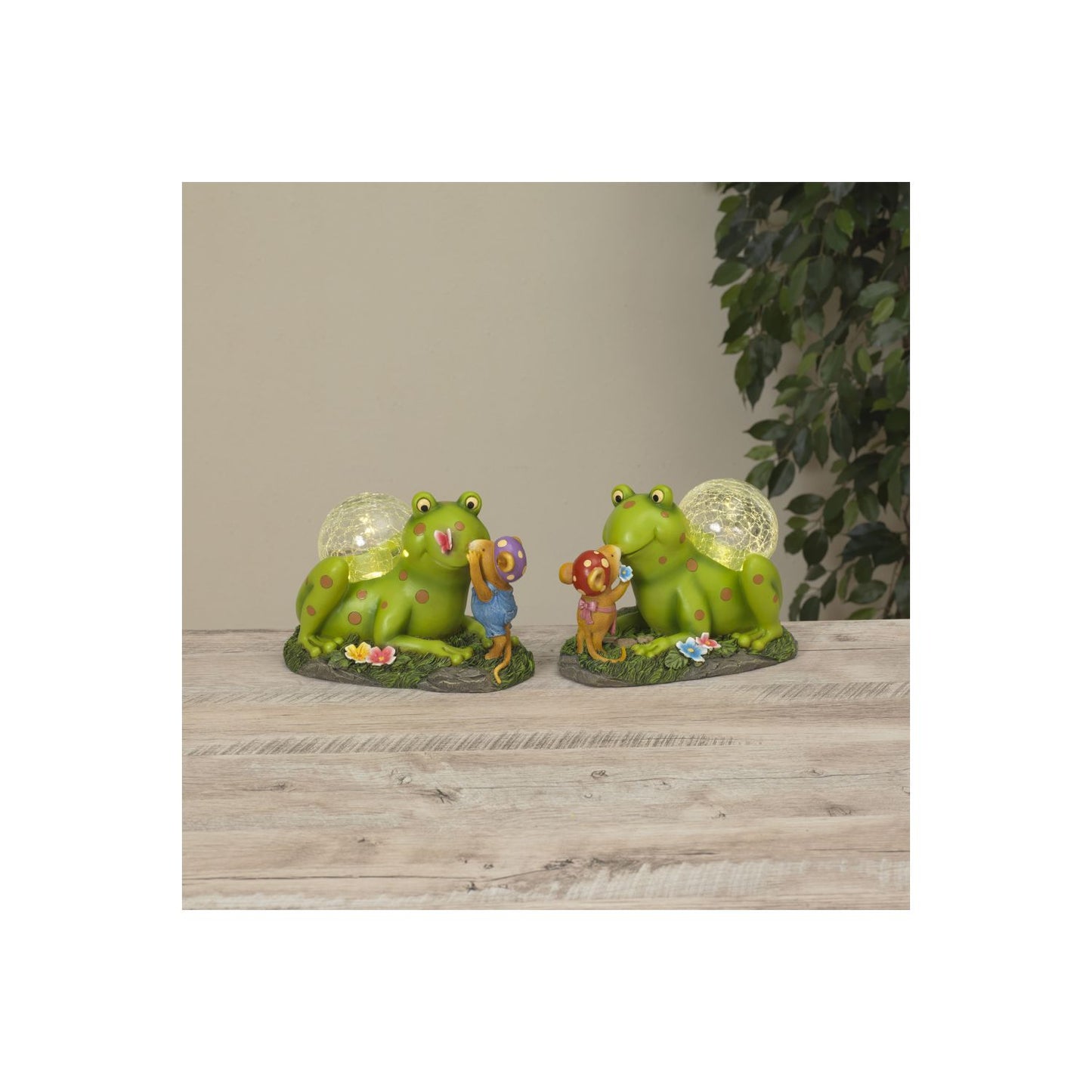 Gerson 8.6"L Solar Lighted Resin Frog & Mouse W/ Crackle Glass Ball, 2 Assorted