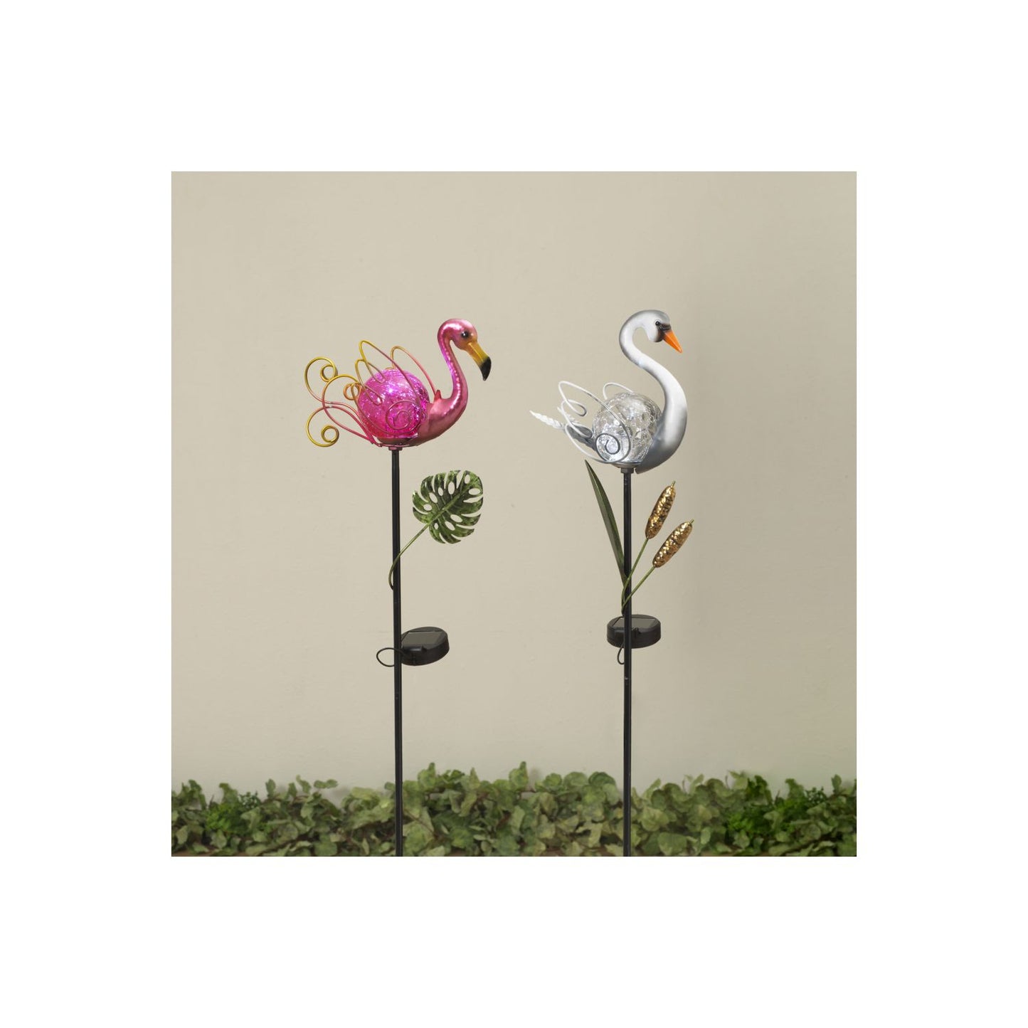 Gerson Company 31.5"H Solar Lighted Metal & Glass Bird Yard Stake, 2 Assorted