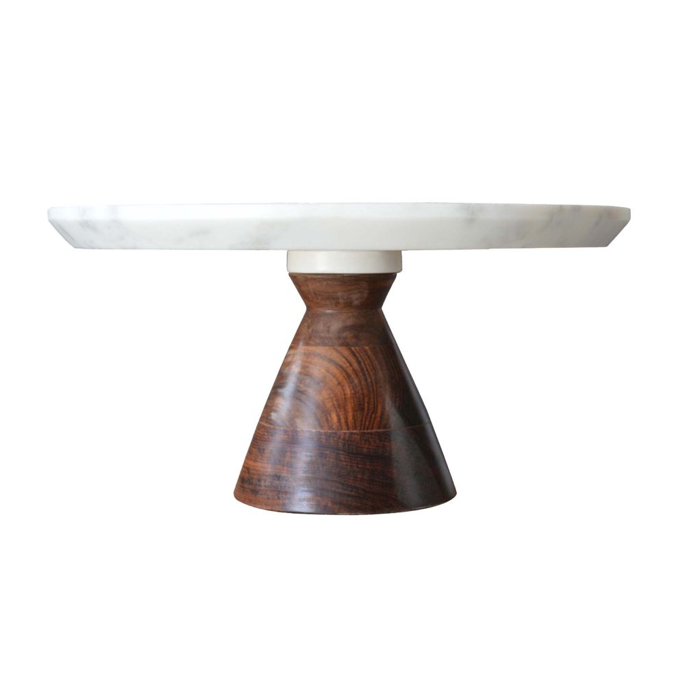 BIDKHome White Marble with Wood Pedestal Cake Stand