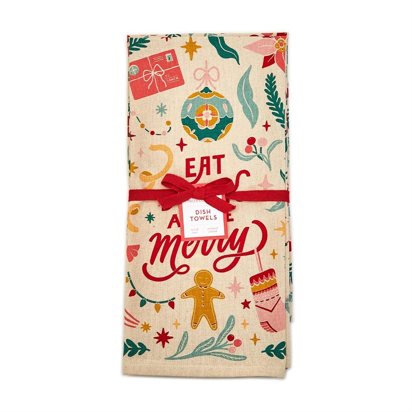 Two's Company Be Merry Set Of 2 Vintage Christmas Dish Towels - Cotton