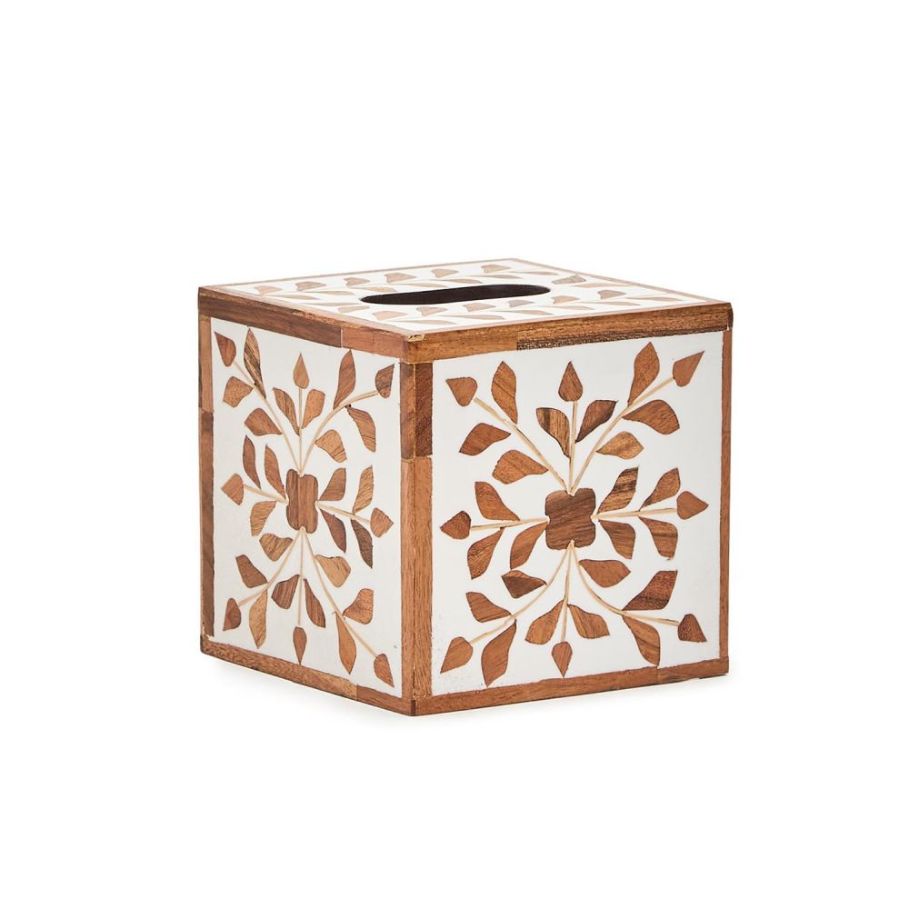 Two's Company Bone Inlay Cube Tissue Box- MDF/Acacia Wood/Resin