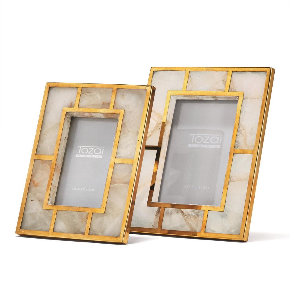 Two's Company White Quartz Set of 2 Photo Frame With Brass Trim