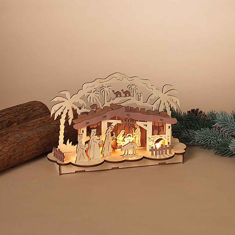 Gerson Company 12" B/O Lighted Wood Tabletop Nativity Scene