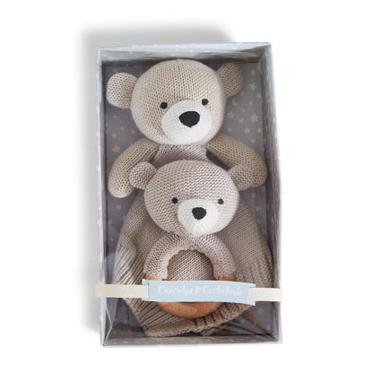 Two's Company Knitted Baby Bear Snuggle And Rattle Set