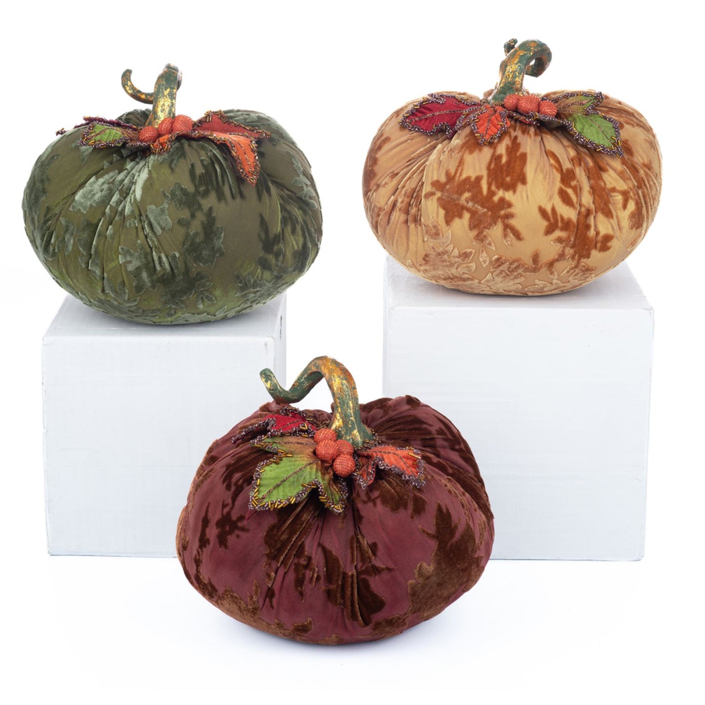 Katherine's Collection 2023 Velvet Pumpkins Set Of 3, Brown/Orange/Green Polyester