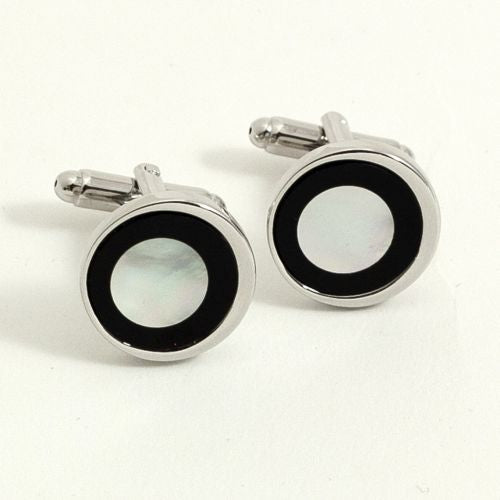 Rhodium Plated Round Cufflinks With Black & Mother Of Pearl