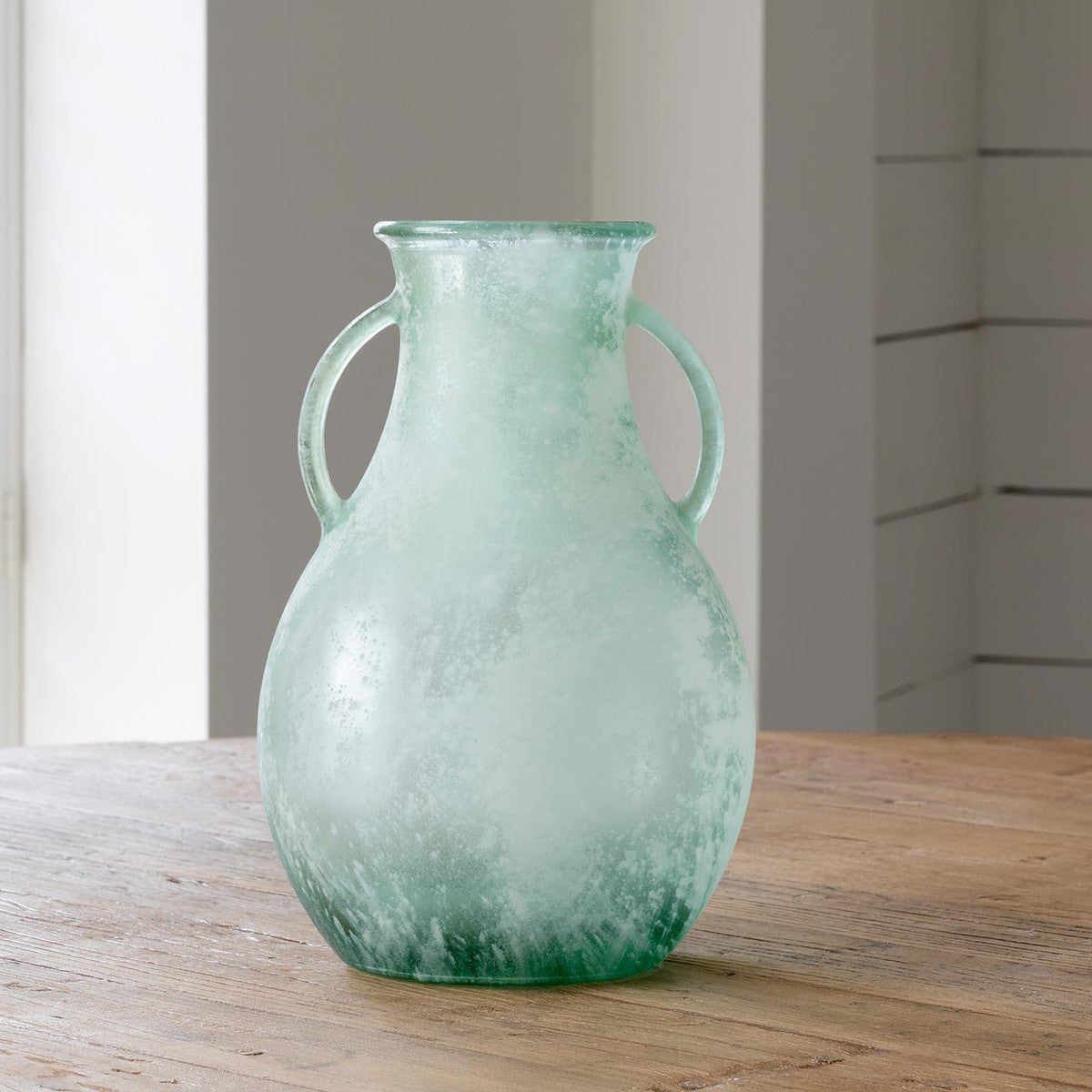 Park Hill Collection Glass Vase With Handles, Frosted Seafoam, Large
