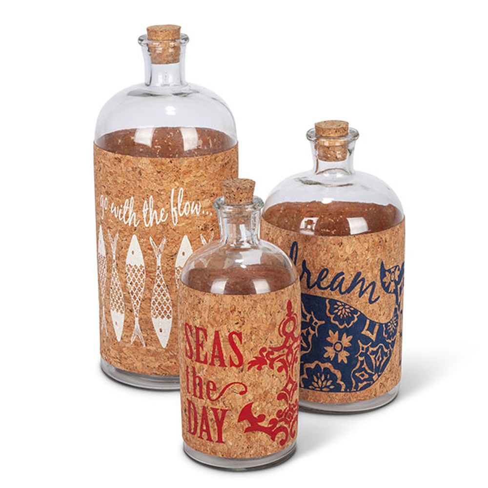 Gerson Companies Set of 3 Nautical Glass Bottles with Cork Wrapped Art