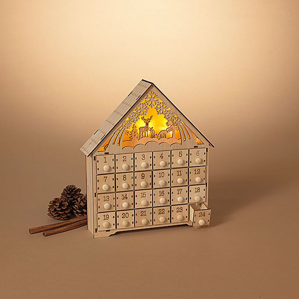 Gerson Company 11.8" B/O Lighted Laser Cut Wood Winter Scene Advent Calendar