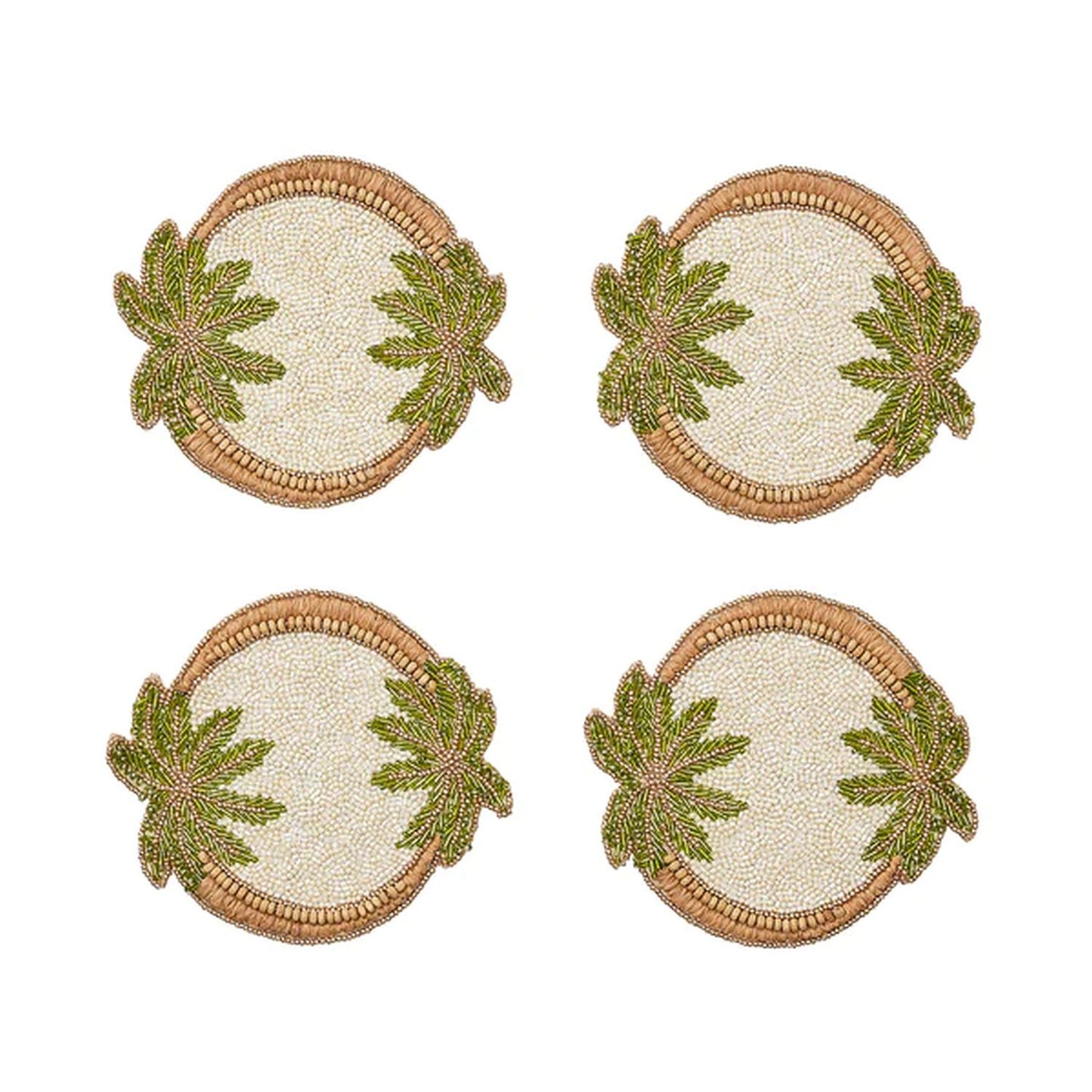 Kim Seybert Oasis Coasters in Ivory, Green & Gold, Set of 4 in a Gift Bag