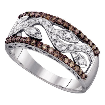 GND 10kt White Gold Womens Round Brown Diamond Floral Band Ring 1/2 Cttw
