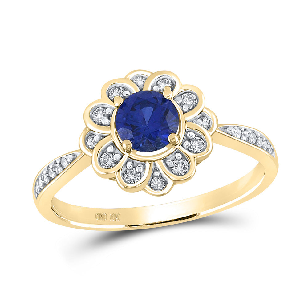 GND 10K Yellow Gold Round Created Blue Sapphire Fashion RIng, Size 7