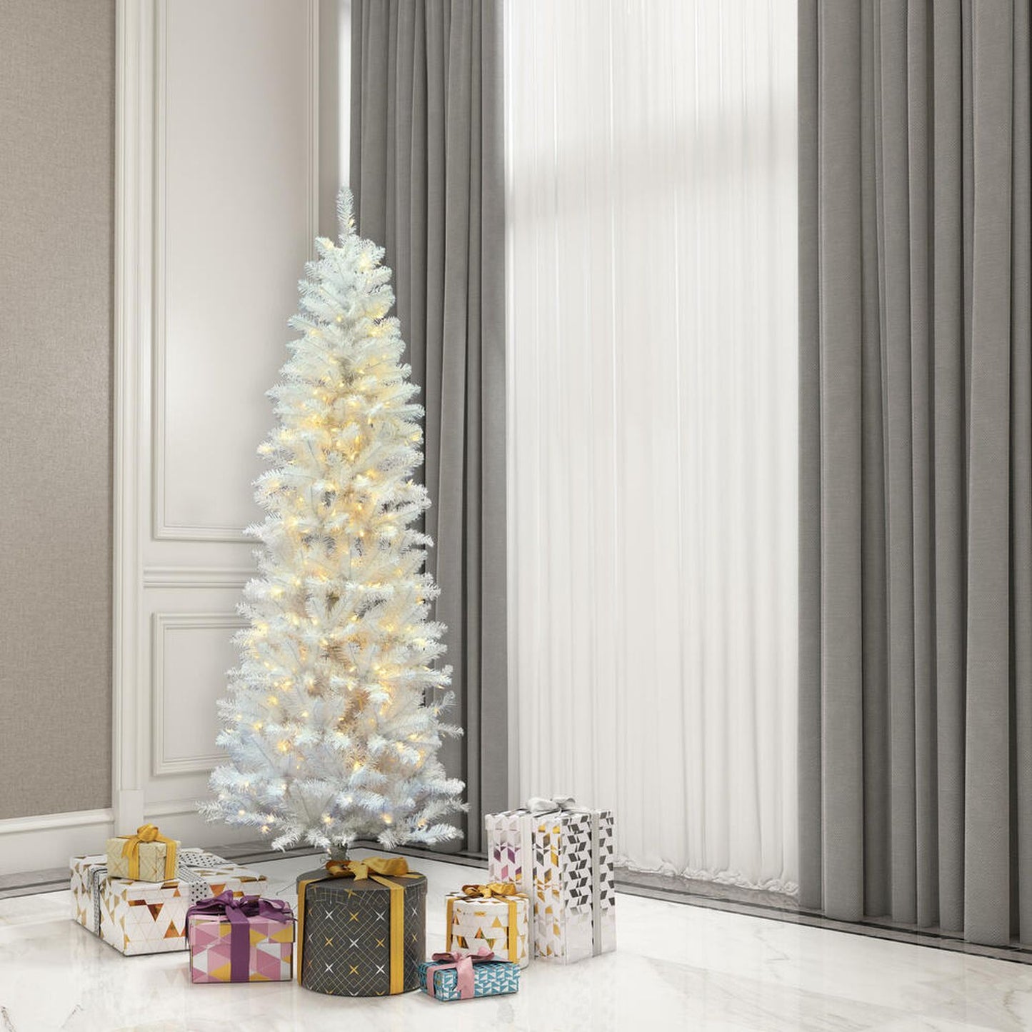 Vickerman 5.5' White Salem Pencil Pine Christmas Tree, Pure White LED Lights