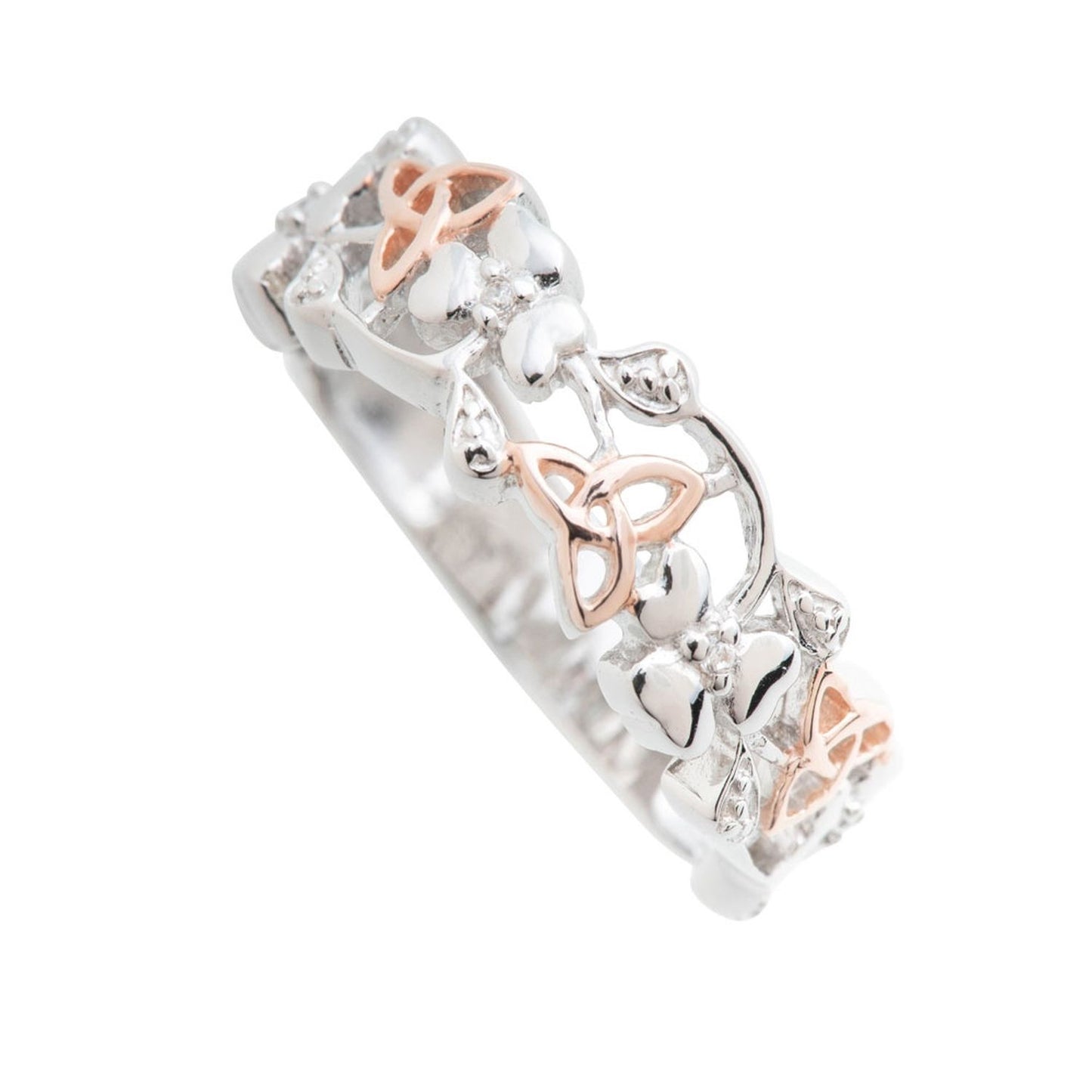 Galway Trinity Knot & Shamrocks Rose Gold & Silver Ring - Rhodium Plated