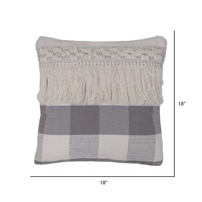 Vickerman 18" x 18" Gray Plaid with Fringe Cotton Pillow, Cotton