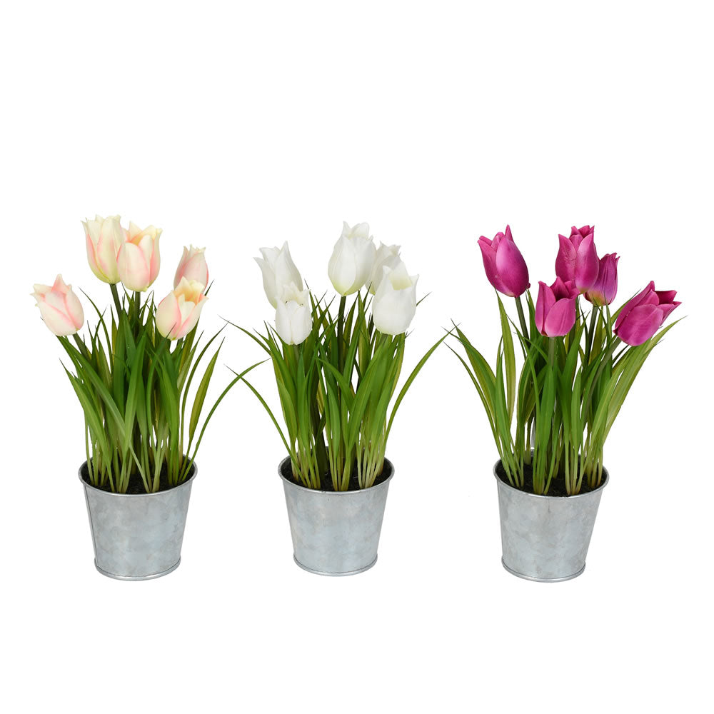 Vickerman 10.5" Artificial Assorted Set of Tulips in Metal Pot, Plastic