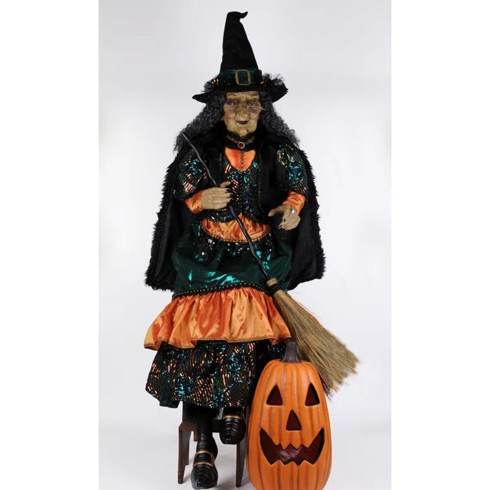 Karen Didion 6' Sitting Witch With Lighted Pumpkin Figurine Polyresin