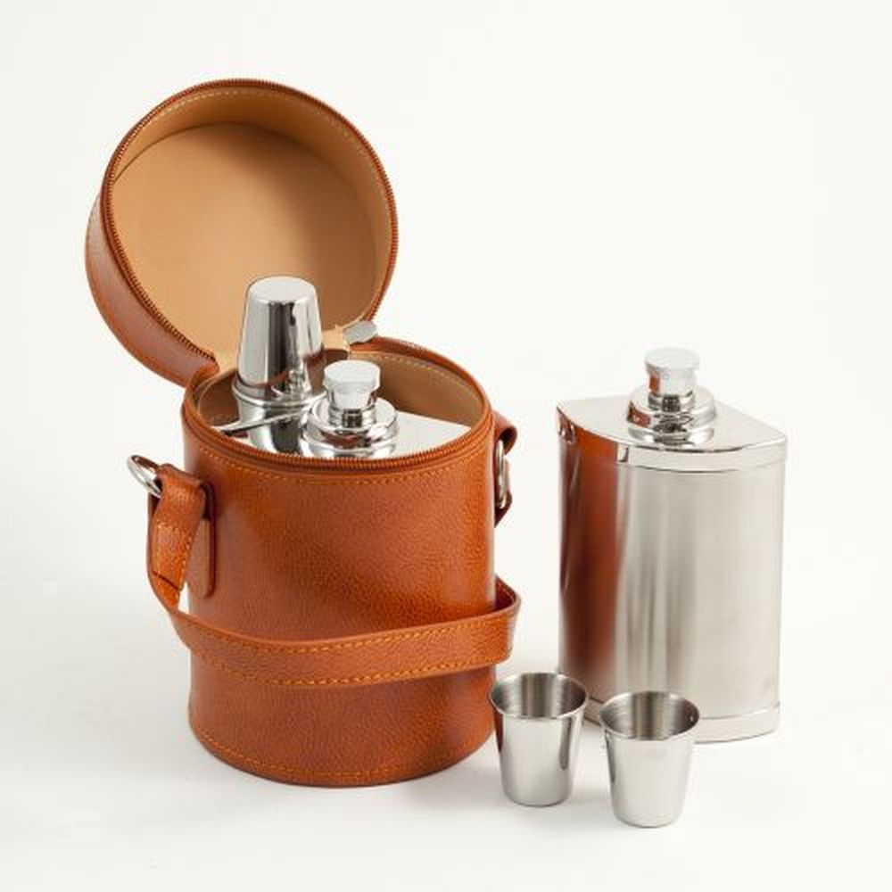 Six Piece Stainless Steel Flask Set In Brown Leather Case