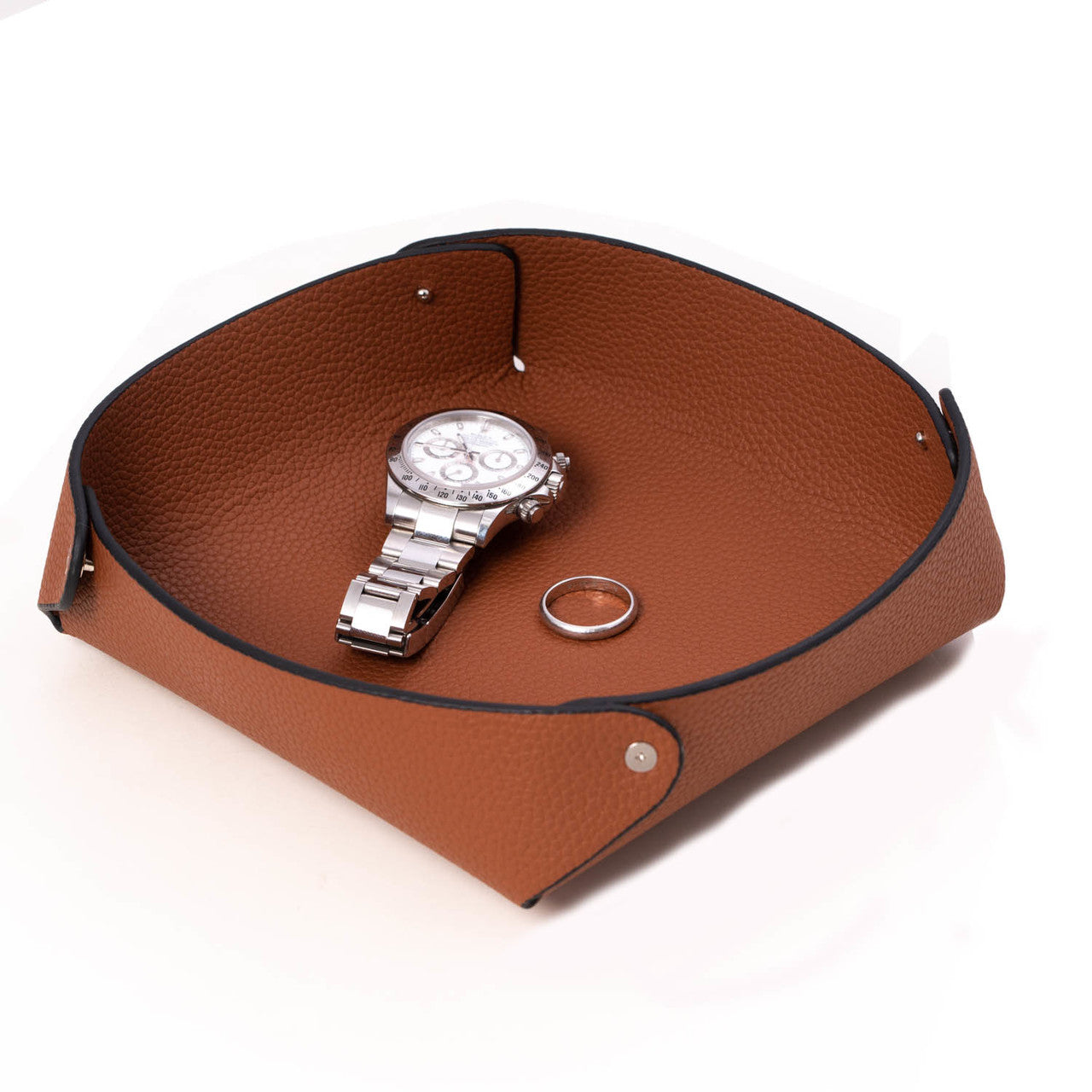 Leather Catchall Valet Tray In Lay Flat Design.