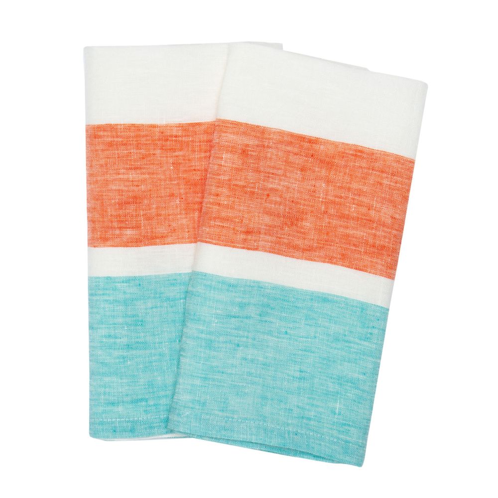 "St. Barts" Bold Stripe Linen Turquoise/Orange Towels 20X30 - Set Of 2