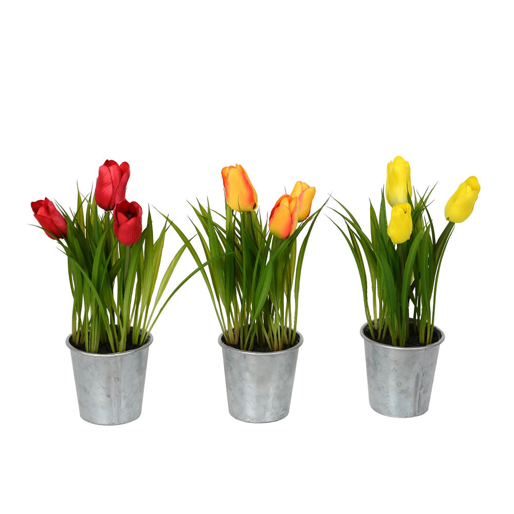 Vickerman 9.5" Artificial Assorted Set of Tulips in Metal Pot, Plastic