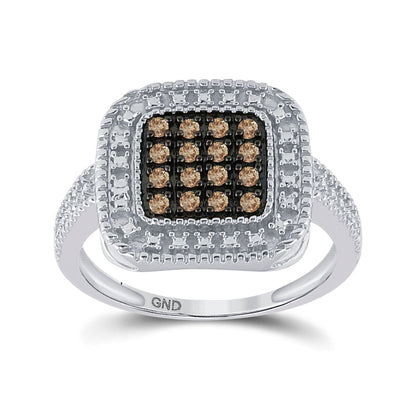 GND Sterling Silver Womens Round Brown Diamond Square Cluster Ring 1/5 Cttw