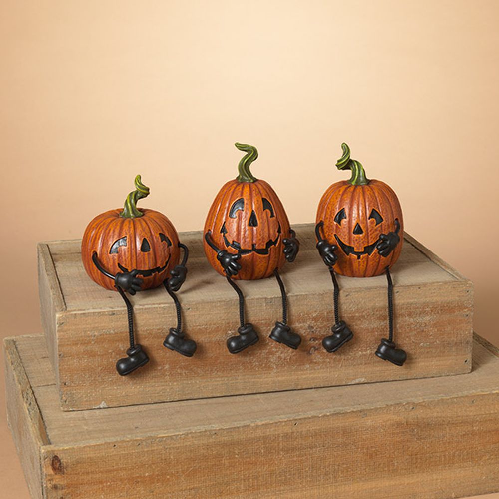 Gerson 4.9"H Resin Halloween Pumpkin Shelf Sitter, 3 Assorted