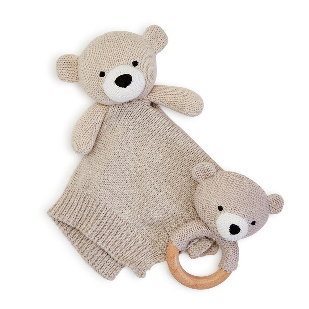 Two's Company Knitted Baby Bear Snuggle And Rattle Set