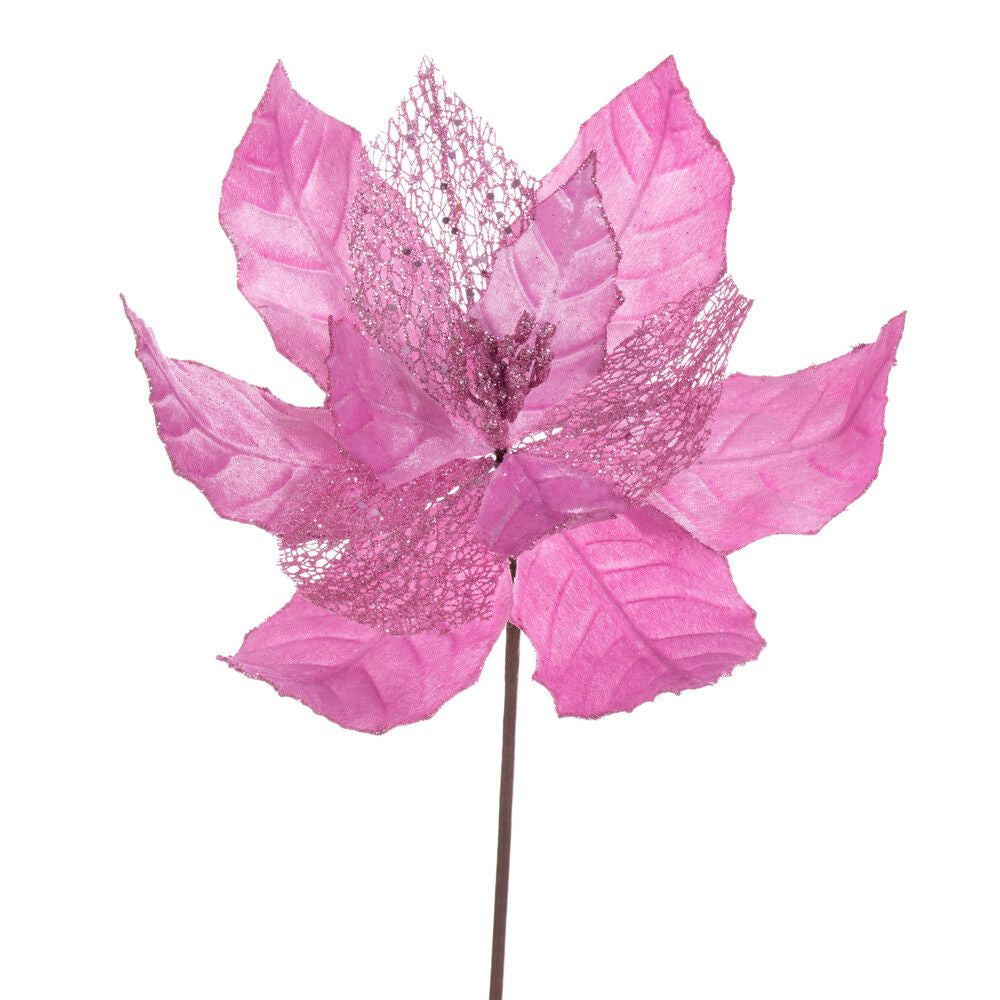 Vickerman 11" Velvet And Glitter Mesh Poinsettia Flower On Stem, 6 Per Bag