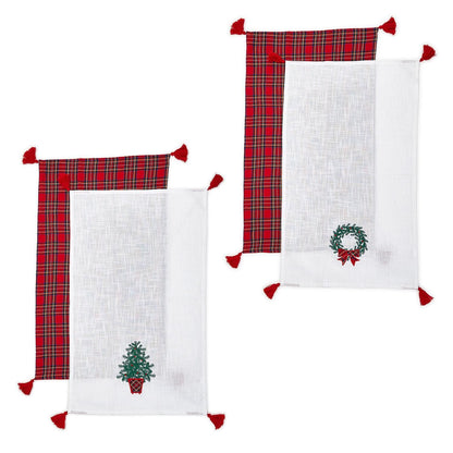 Two's Company Tartan Traditions Assorted of 4 Designs Dish Towels, 2 Designs
