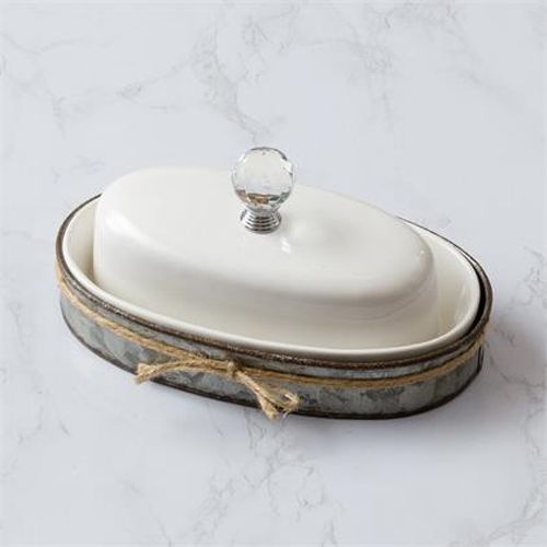 Your Heart's Delight Covered Butter Dish With Galvanized Caddy, White, Dolomite