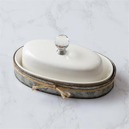 Your Heart's Delight Covered Butter Dish With Galvanized Caddy, White, Dolomite