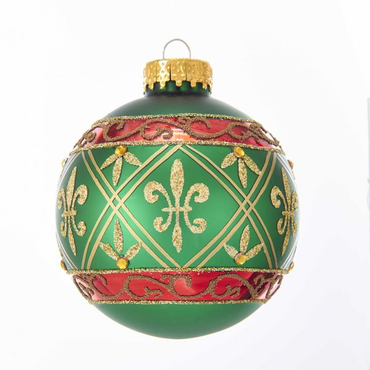 Kurt Adler 80Mm 6 Green Ball Ornament w/ Red & Gold Fleur-De-Lis Design