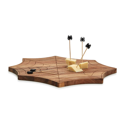 Two's Company Spiderweb Wooden Charcuterie Serving Board with 20 Spider Picks