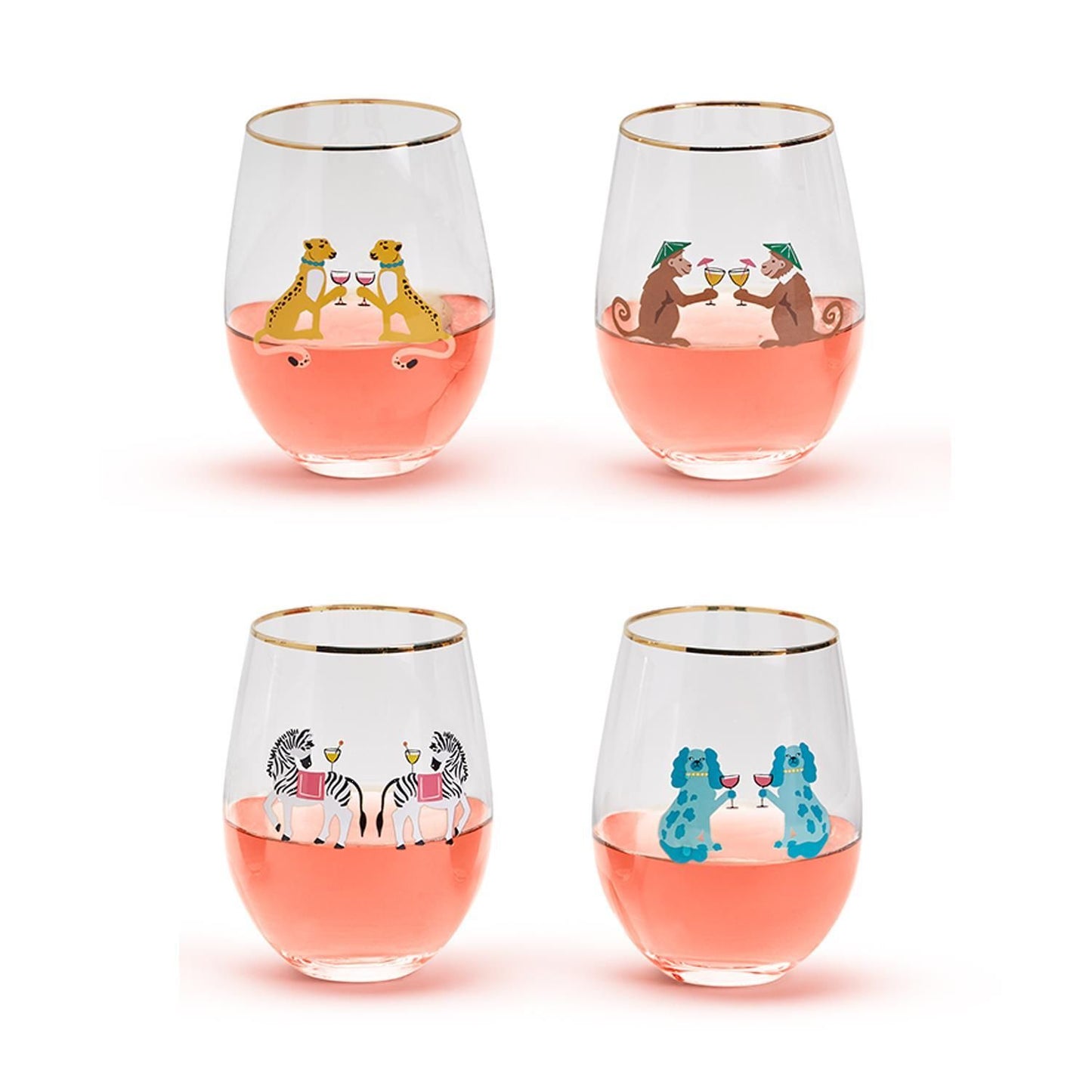Two's Company Animal Party Set Of 4 Stemless Wine Glasses