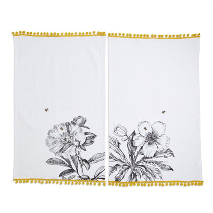 Honey Bee Dish Towel With Bee Embroidery And Pom Pom Trim Assorted 2 Designs