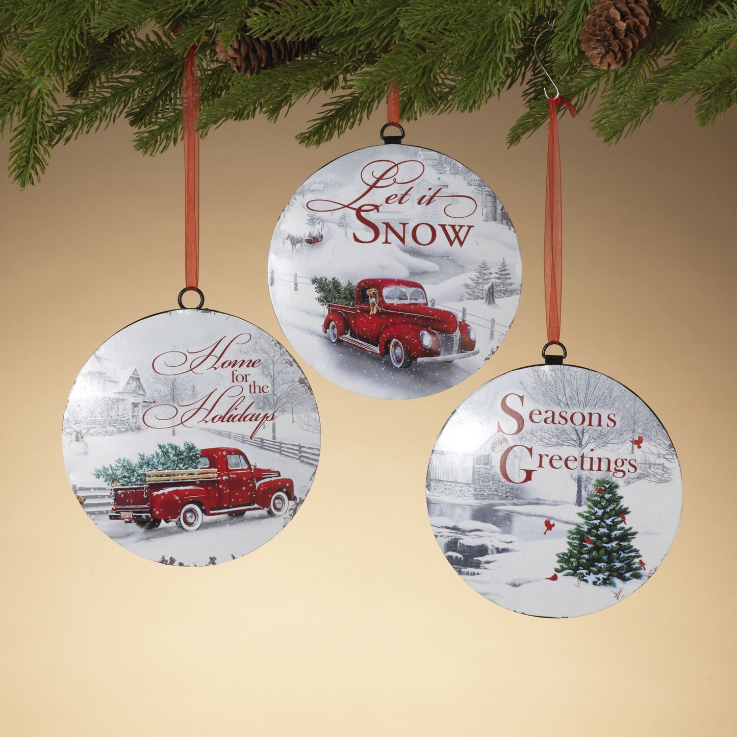 Gerson Company 6.6"H Metal Holiday Winter Scene Ornament, 3 Asst