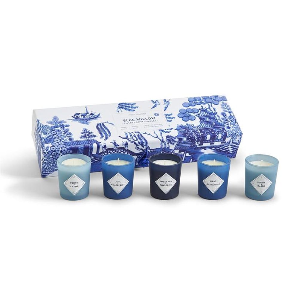 Two's Company Blue Willow Set of 5 Scented Candles in Gift Box