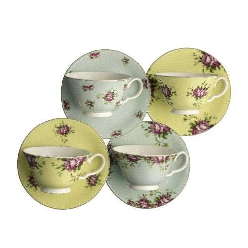 Aynsley Archive Rose Teacups and Saucers, Set of 4, Blue, China
