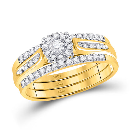 GND 14kt Yellow Gold Round Diamond 3-Piece Bridal Wedding Ring Band Set 1/4 Cttw