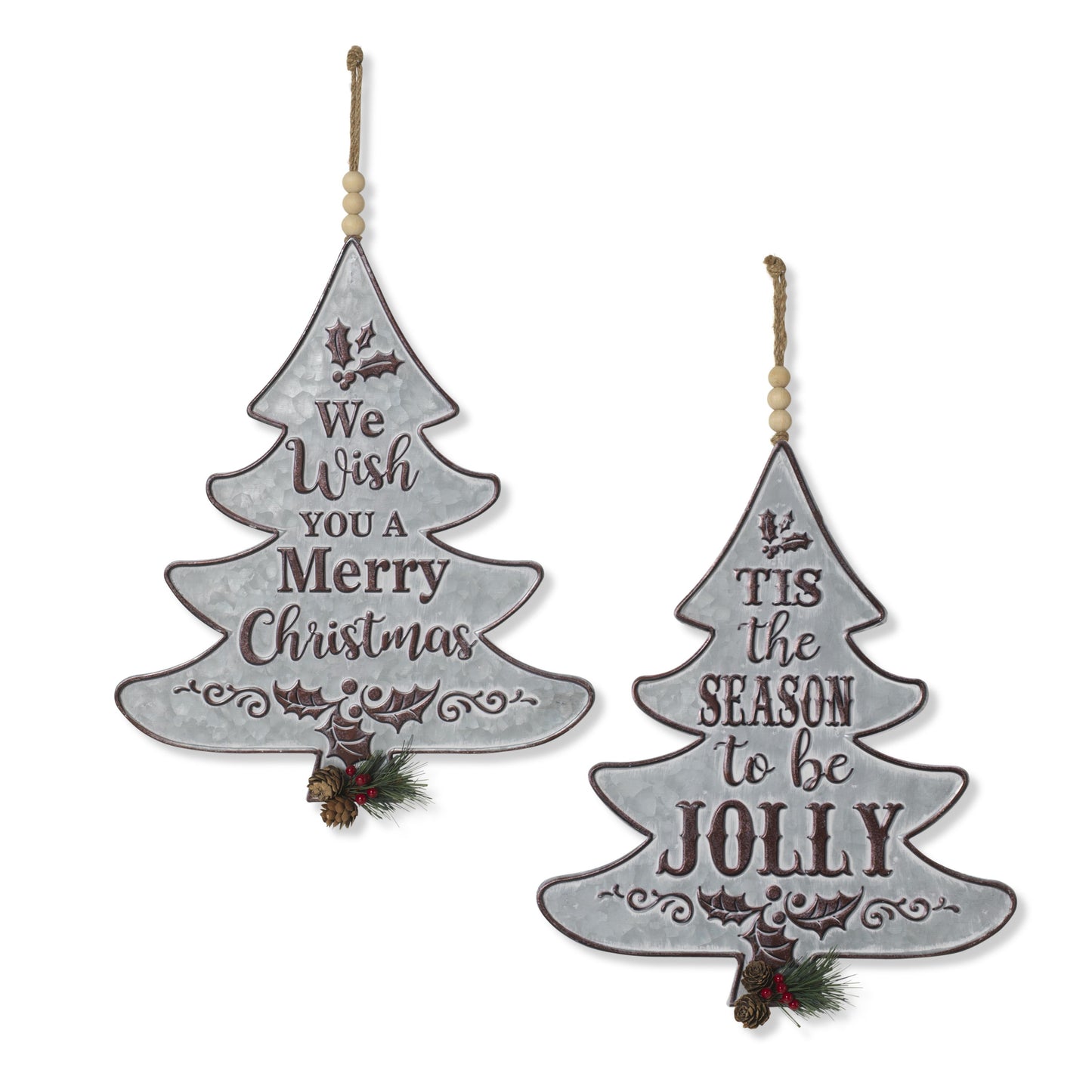 Gerson Company 16"H Metal Christmas Tree Ornament W/ Pine Accent, 2 Asst