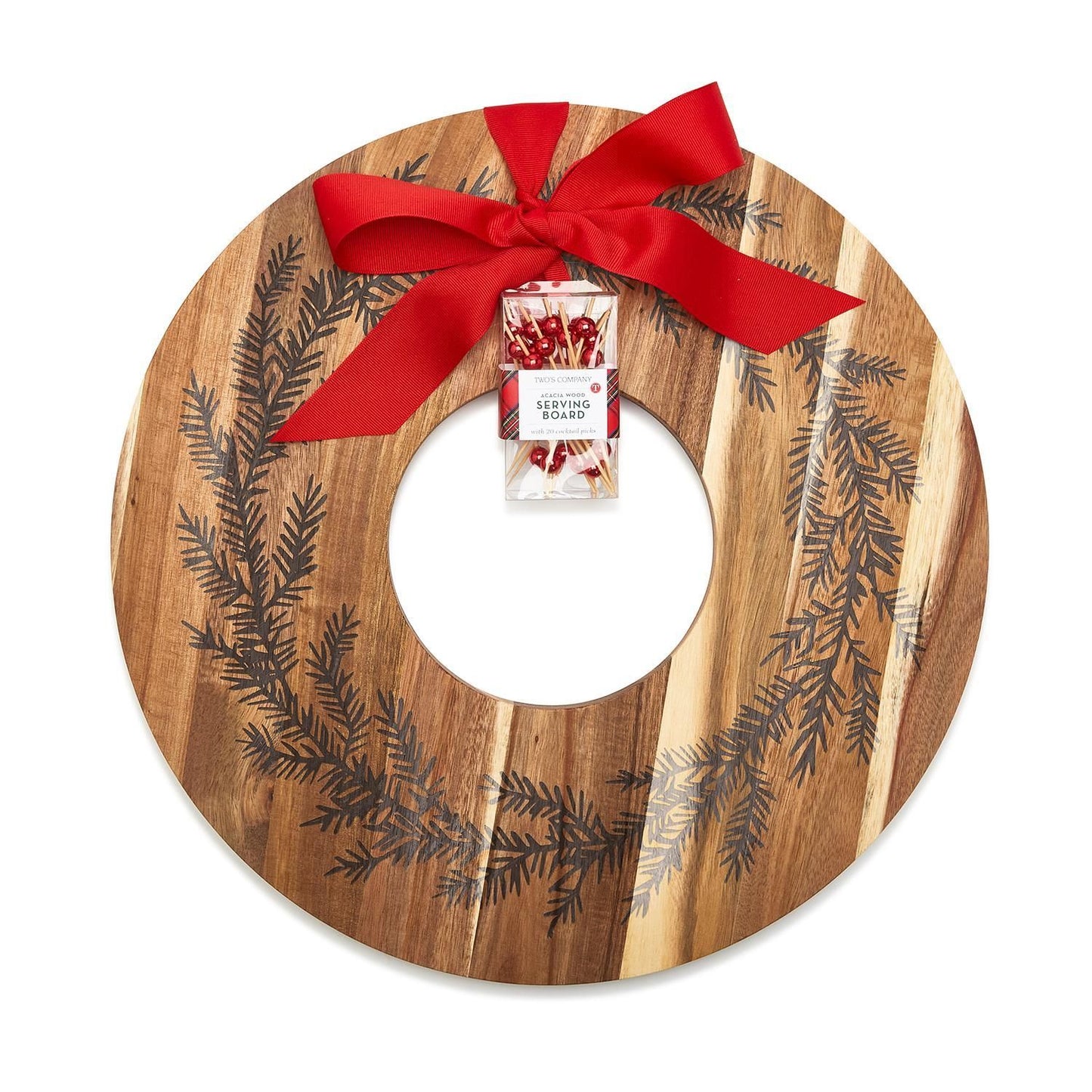 Holiday Wreath Charcuterie/Dessert Serving Board w/ 20 Metallic Red Bead Picks