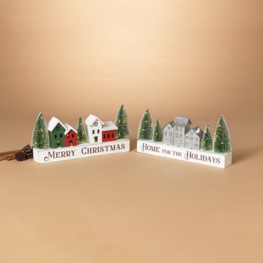 Gerson 14"L B/O Lighted Wood & Metal Holiday Village Table Decor, 2 Assorted