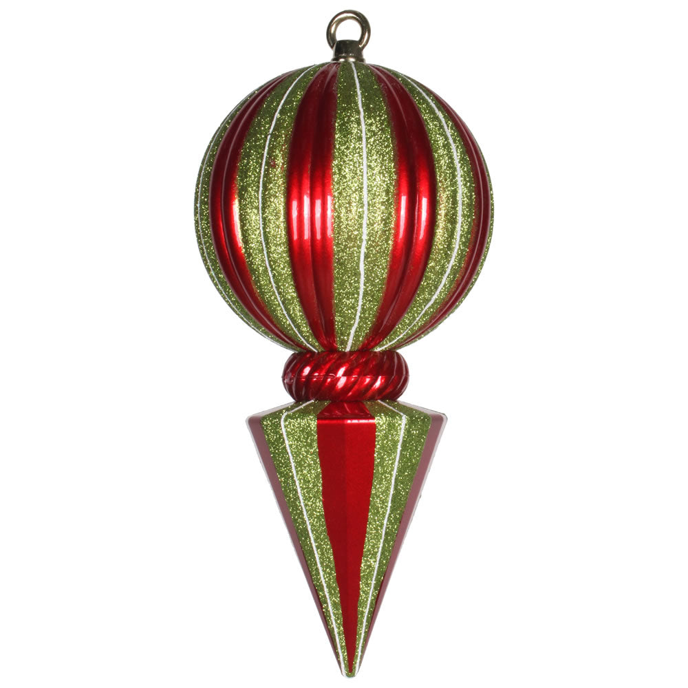 Vickerman 12" Red and Lime Striped Shiny Ball Finial Ornament with Glitter
