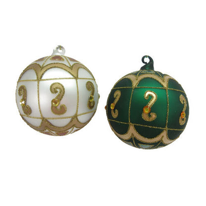 Winter Melody Set Of 2 Assortment Green/Cream With Gold Trim Ornaments